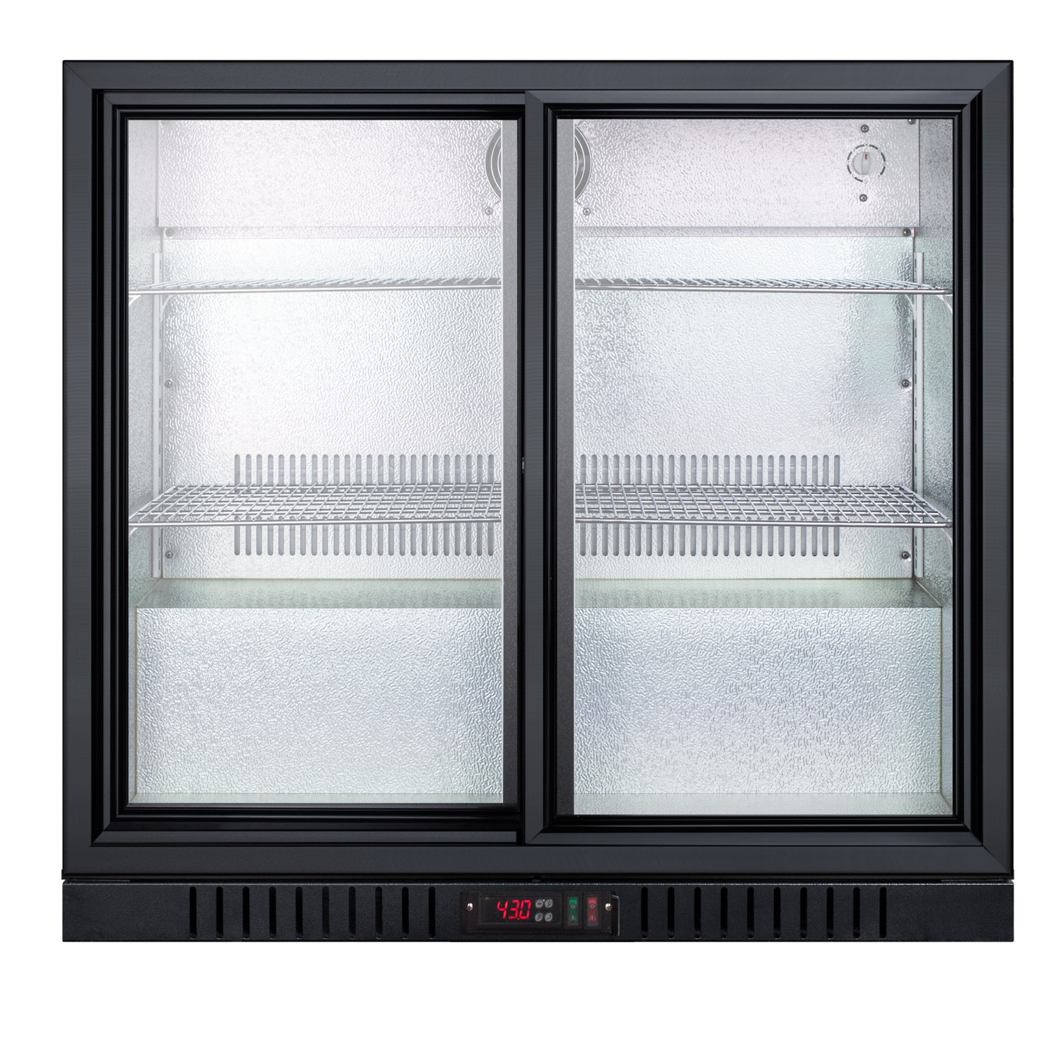 Commercial back bar beverage center for freestanding use designed for the display and refrigeration of beverages and sealed food, with sliding glass doors and black cabinet; replaces SCR700